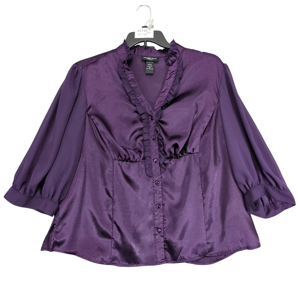 Jennifer Lauren Purple‎ Satin Blouse Womens 1X Ruffle Sheer Puff Sleeve Witchy